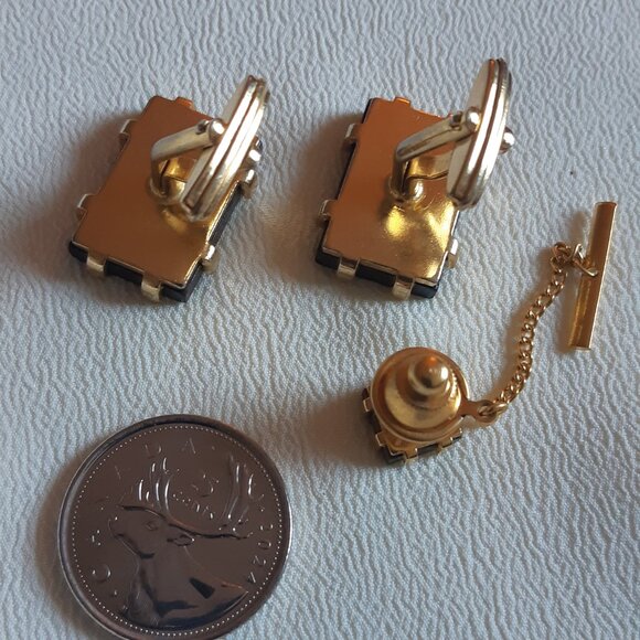 Vintage 1960s Wood Inlay Cuff Link & Tie Tack Set Gold Tone - Picture 6 of 8